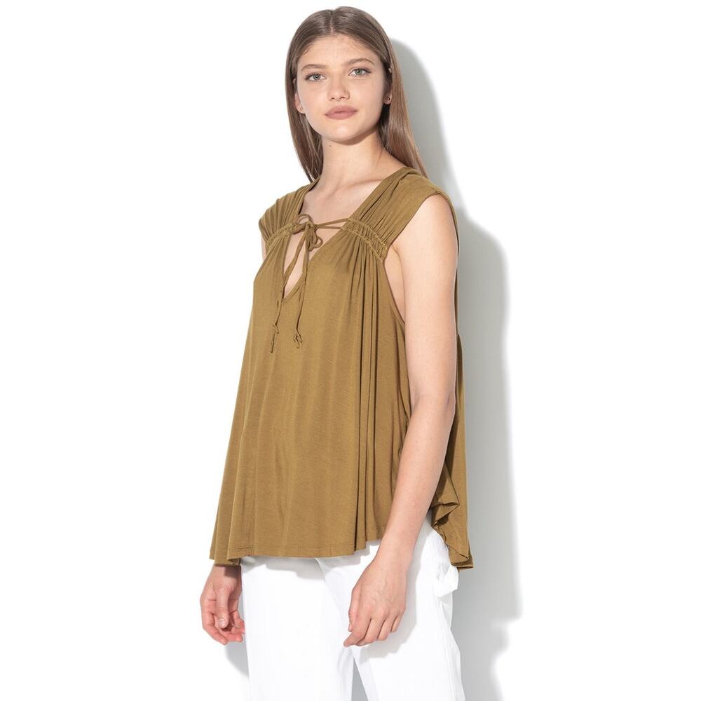 Free People Olive Green Back in Town V-neck Tie Oversized Boho Tank Top XS